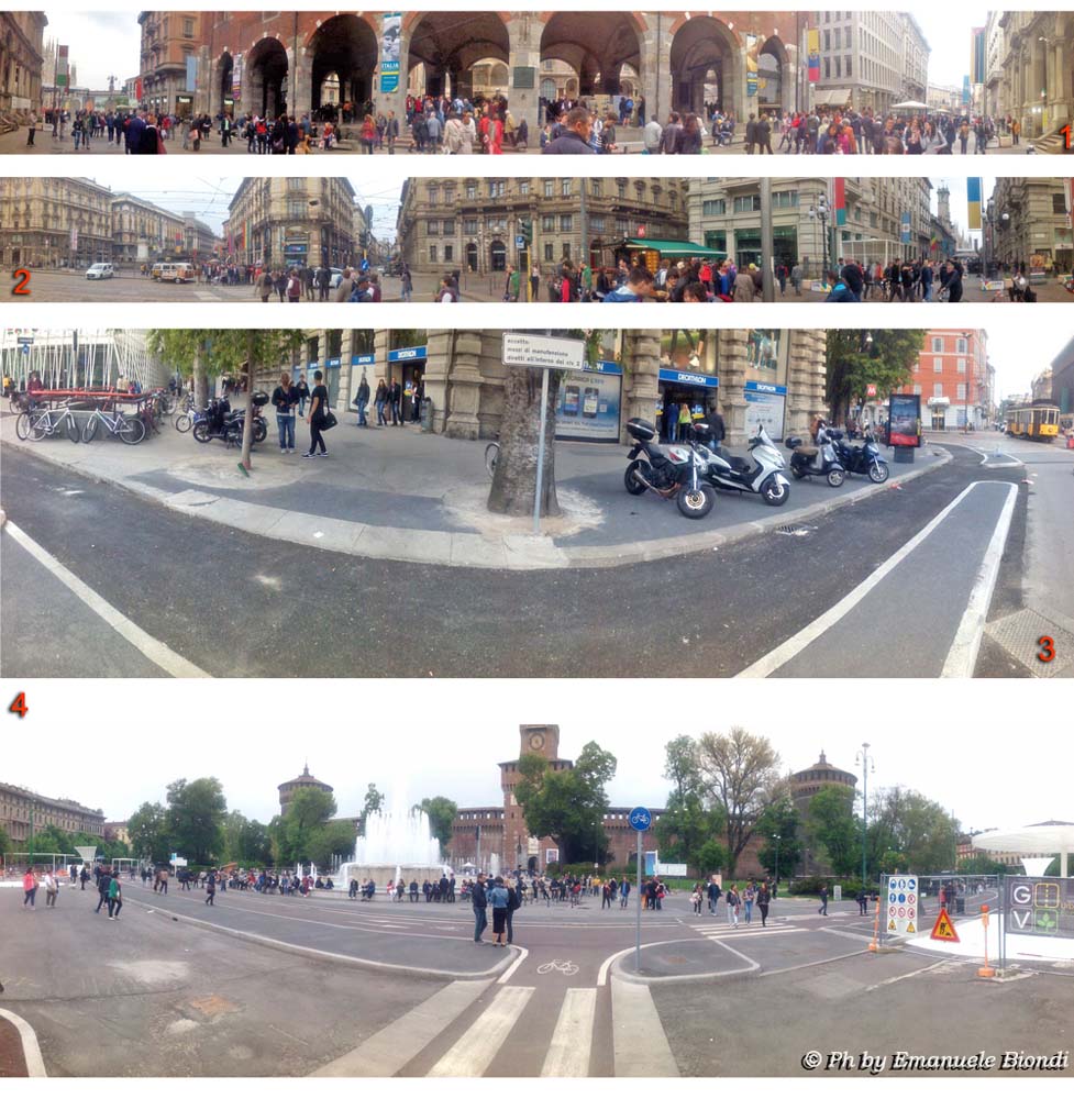 Prendendo come riferimento Piazza Duomo, quando faccio il turista è normale consetudine andare a visitare la piazza più importante della città che visito, pertanto percorro tutto il centro chiuso al traffico fino a piazza Cairoli, dove trovo gli strascichi di lavori ancora non ultimati di un percorso che ha avuto diversi problematiche e rimandi causa la grossa magnolia  messa a dimora sui bordi della piazza anni e anni fà ! Che io sappia le grosse magnolie non sono dedite a improvvisi spostamenti.