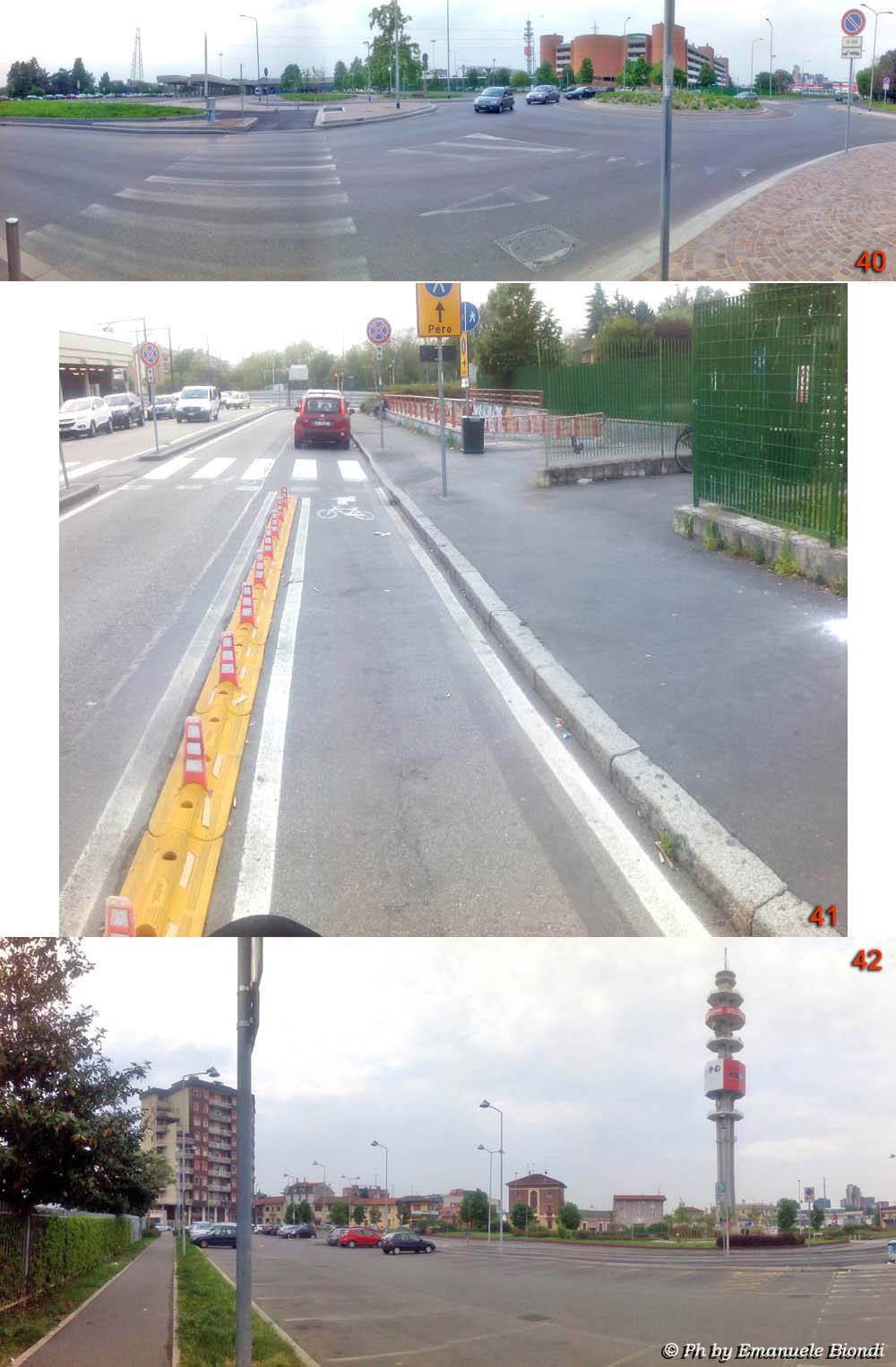 Finalmente sono arrivato al capolinea del raggio verde numero 7. Oltrepasso su percorso ciclabile la SS 11 e tutta l' area di interscambio della stazione metro, per poi infilarmi nel sottopassaggio che mi porterà a collegarmi con il nuovo percorso. Anche qui come indicazioni devo affidarmi a un misero cartello che mi indica il percorso per pedoni verso Pero